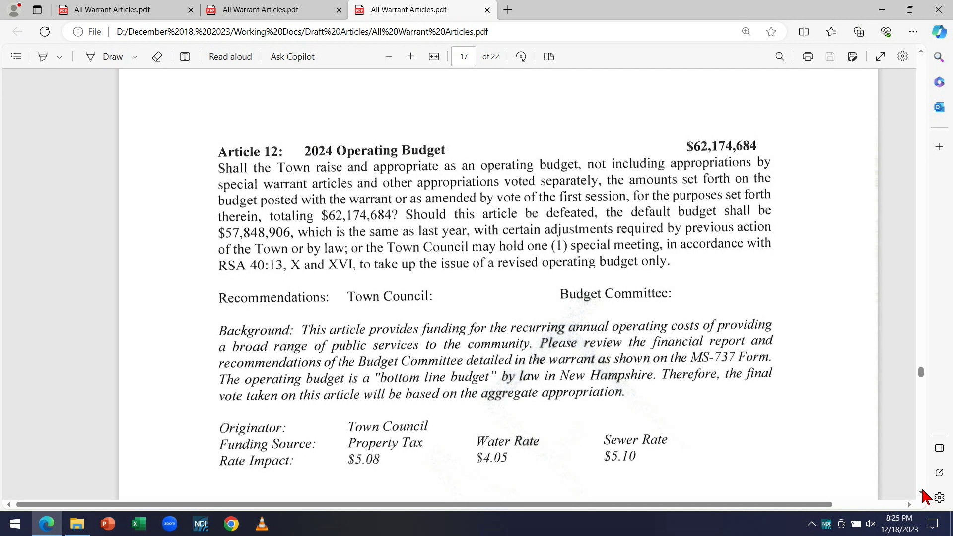 Review and Vote on 2024 Warrant Articles 12/18/23