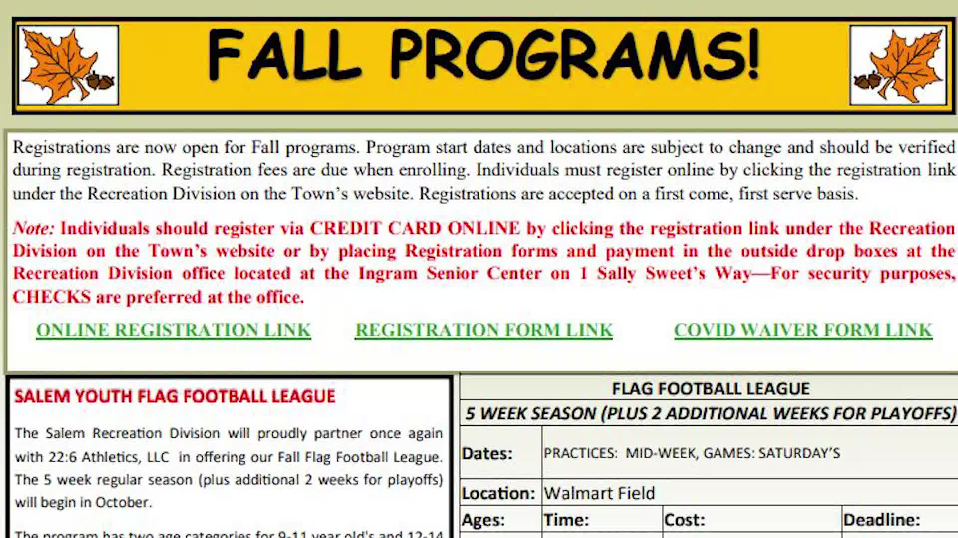 Recreation News Update -  Fall Programs 2021